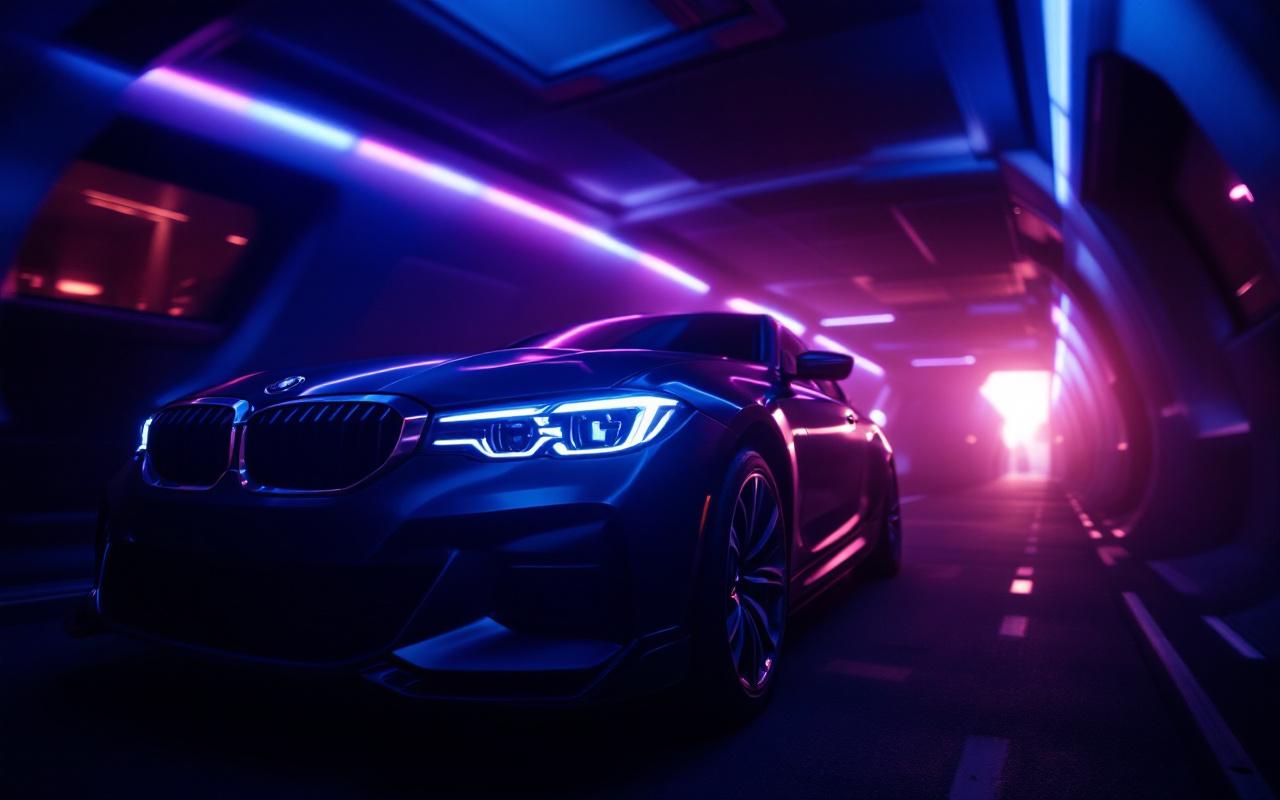 Une image montrant des lumi&egrave;res LED &eacute;l&eacute;gantes &agrave; l'int&eacute;rieur d'une voiture, avec une ambiance sombre et des nuances de bleu et de violet, mettant en valeur un design soign&eacute;.