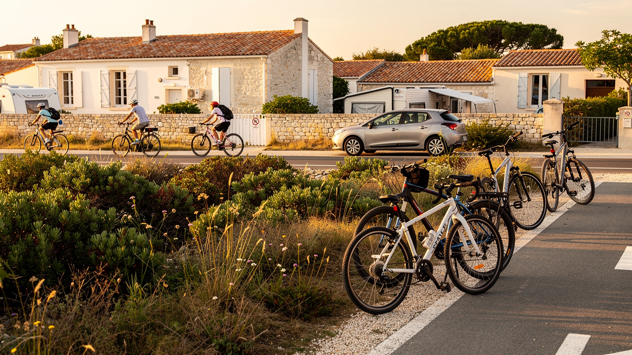 Vélos sur une route cyclable de l’île de Ré, village rétais en arrière-plan et une voiture stationnée près d’un camping.