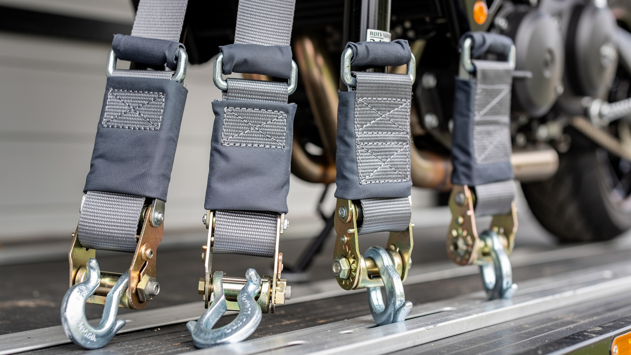 Gros plan réaliste sur quatre sangles à cliquet fixées au té de fourche d’une moto et aux points d’ancrage d’une remorque, avec des protections textiles sur la moto.
